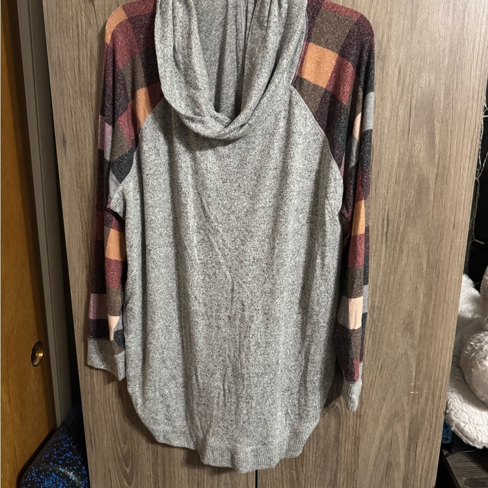 Gray Cowl Neck Sweater with Multicolor Sleeves